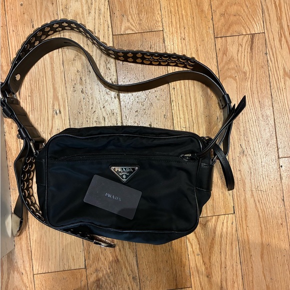 Prada Calfskin Leather and Nylon Stud-Embellished Shoulder Bag - Picture 1 of 4